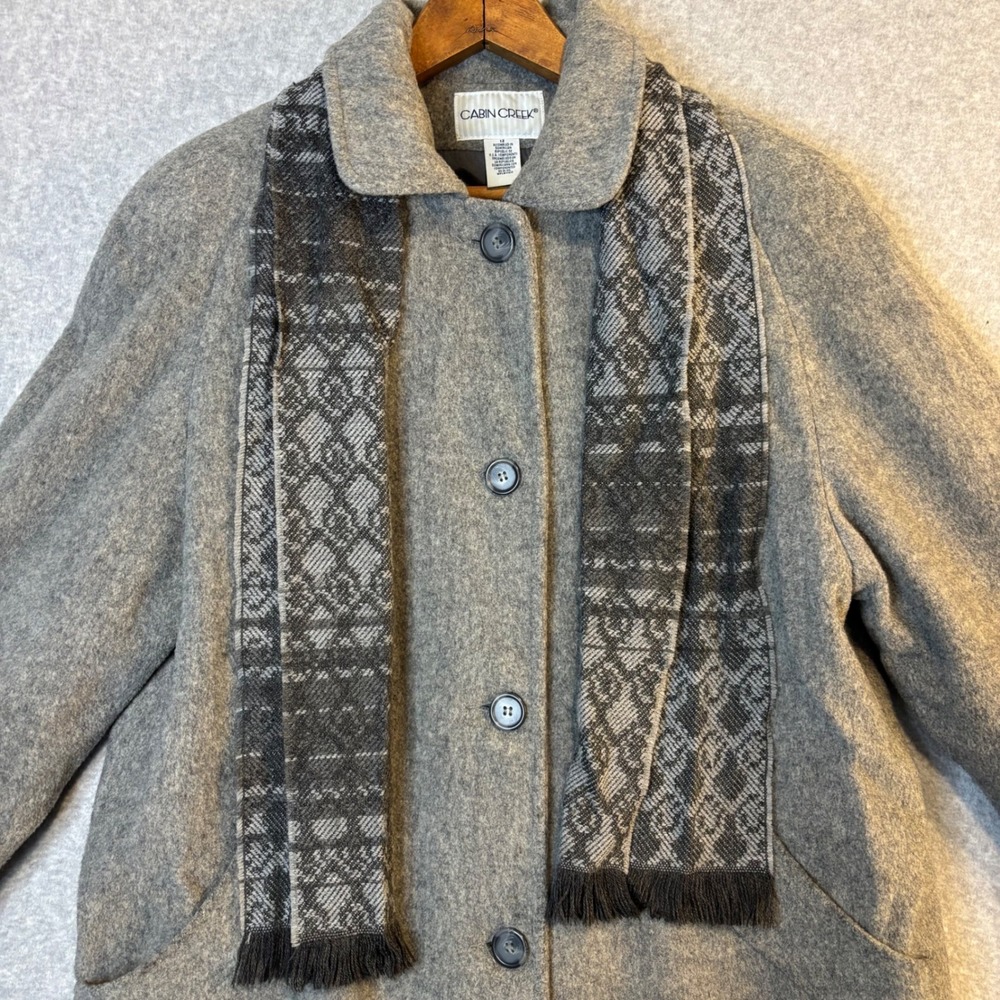 Cabin Creek Vtg Women's 12 Wool Blend Coat Gray Button Front Collar Scarf Set - Picture 3 of 11